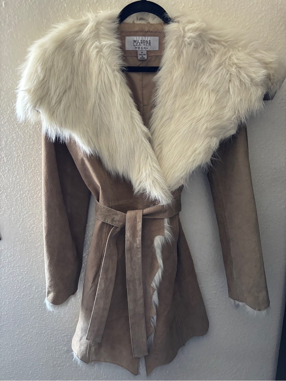 Wilsons Leather Taupe Suede Trench Coat with Cream Shearling Collar - Picture 7 of 7
